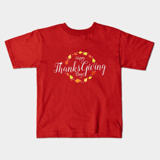 Happy Thankgiving day in white design Kids T-Shirt by HarlinDesign
